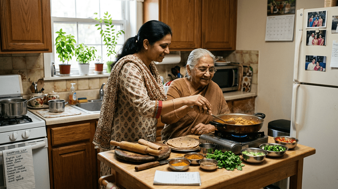 Caregiver and client preparing traditional food together in a warm kitchen