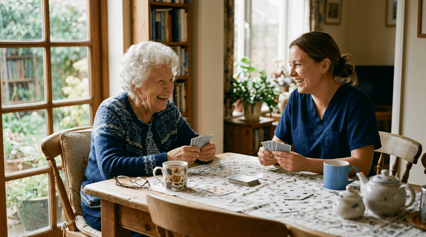 Elderly person and caregiver laughing while playing cards at a dining table