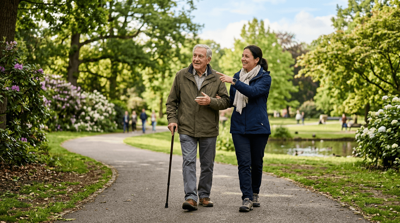 Caregiver and elderly client walking together through a park