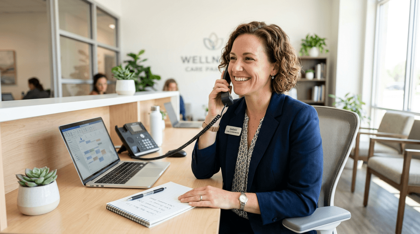Friendly care coordinator on the phone at a welcoming office desk