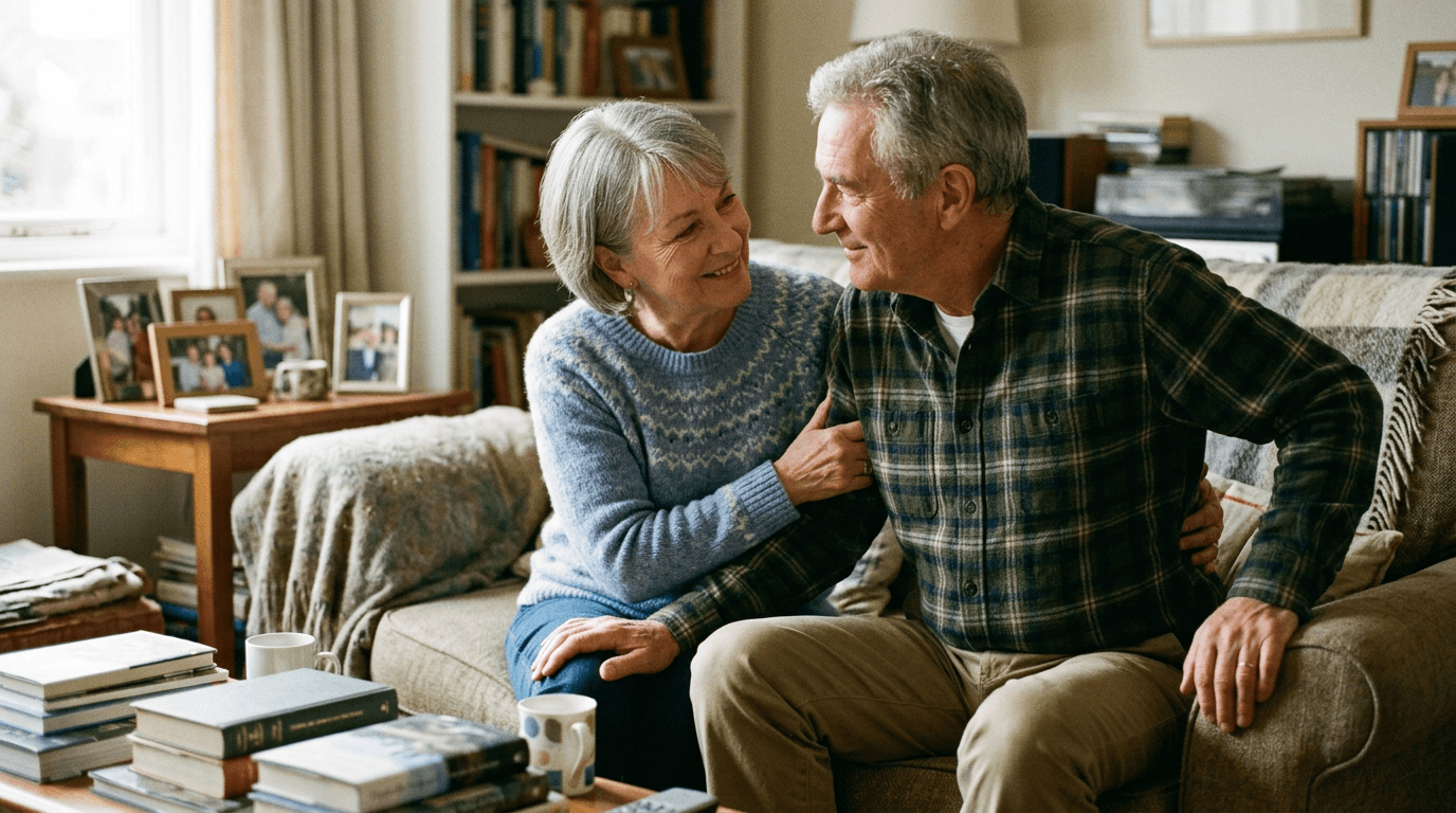 Spouse helping their partner with care at home in a warm, dignified moment