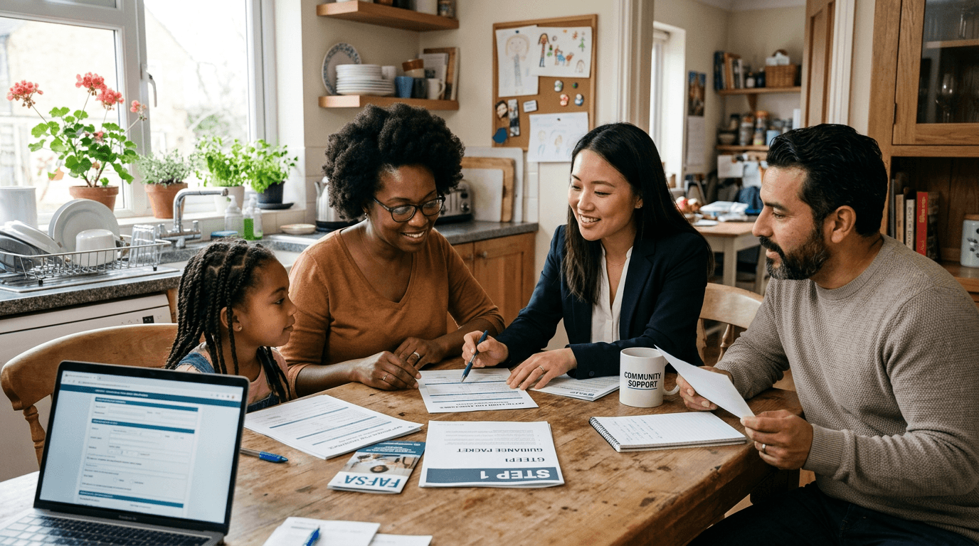 Family at a kitchen table reviewing paperwork with a professional care coordinator