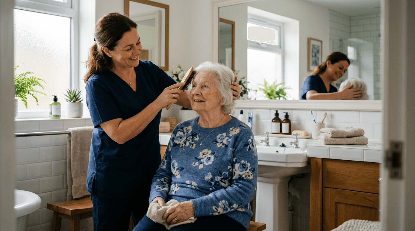 Caregiver helping an elderly person with grooming in a bright bathroom