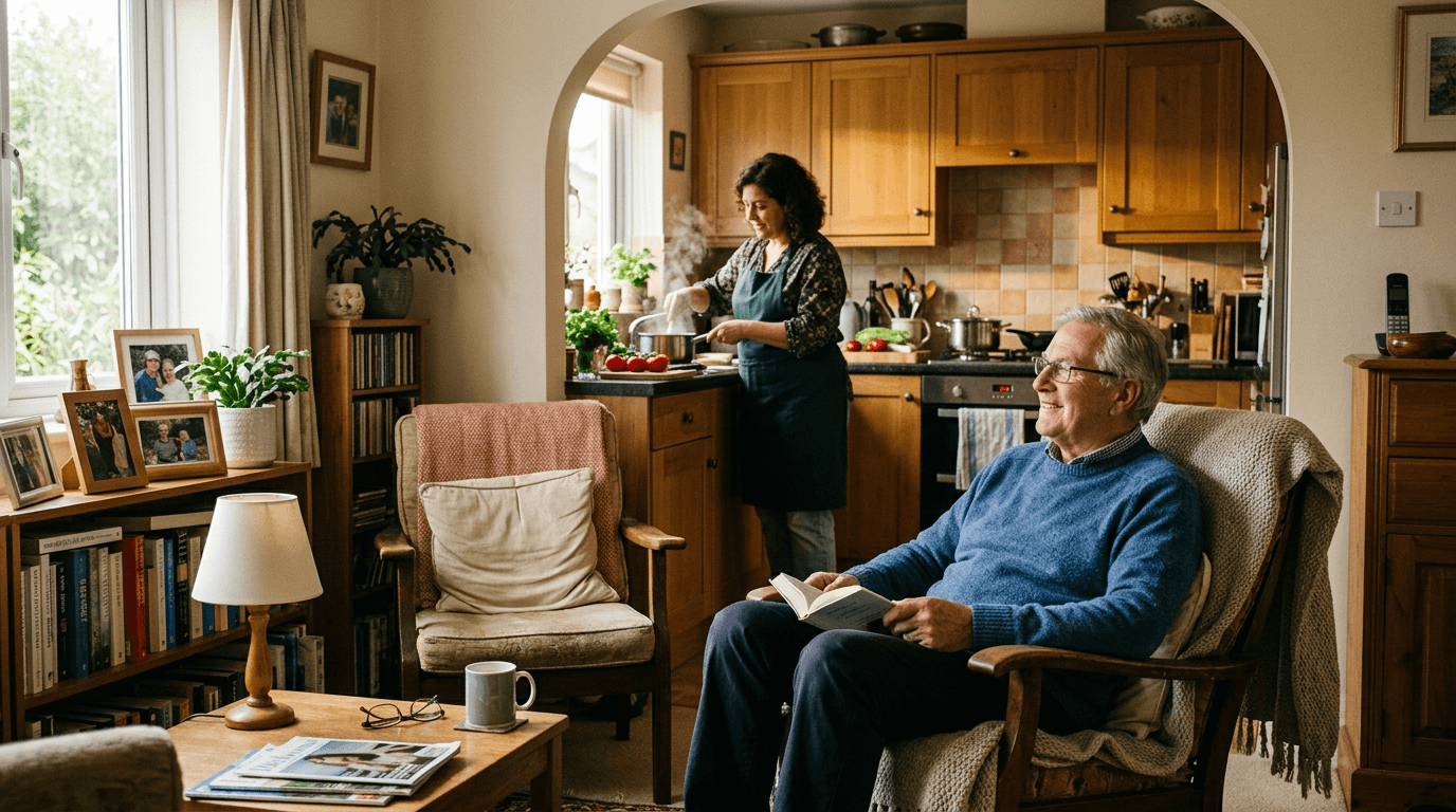 Senior relaxing in the living room while a caregiver prepares a meal in the kitchen