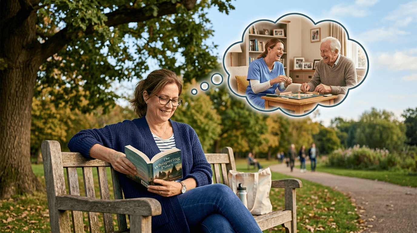 Family caregiver resting while a professional caregiver engages with a senior at home