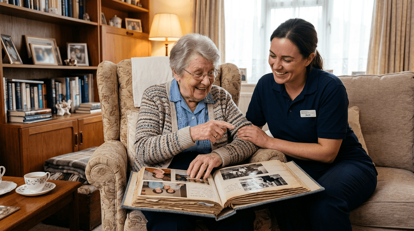 Professional caregiver and senior enjoying a photo album together at home