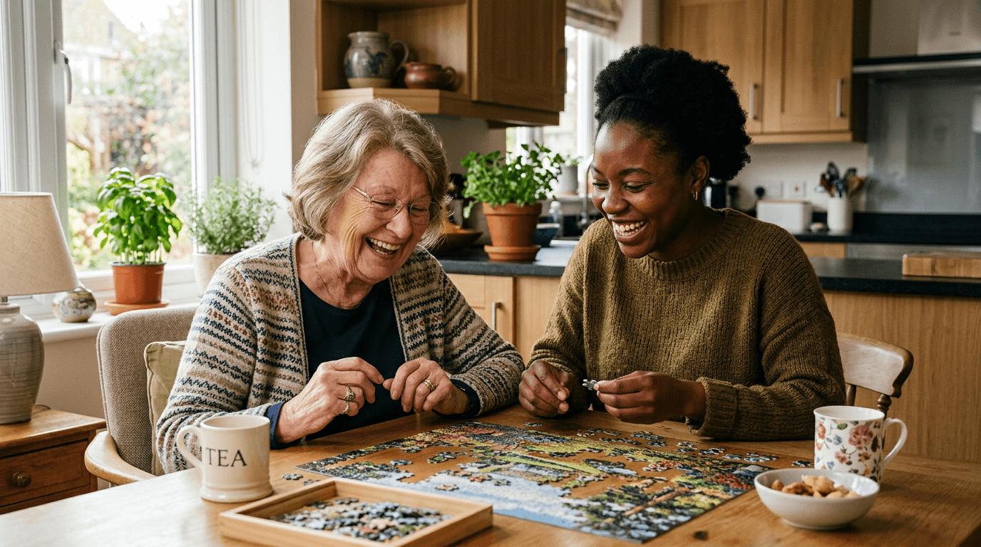 Caregiver and elderly person laughing together over a board game at a kitchen table