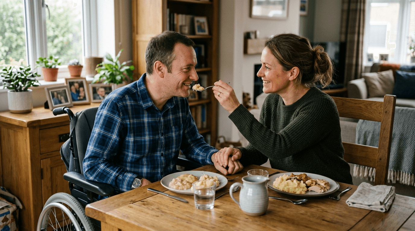 Family member tenderly caring for a loved one with a disability at home