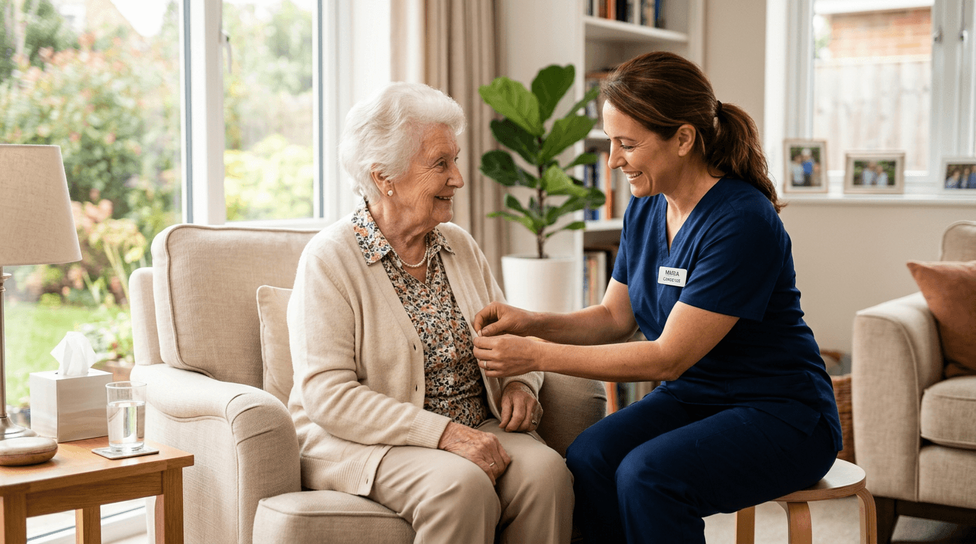 Caregiver gently helping an elderly woman with grooming in a bright, clean home