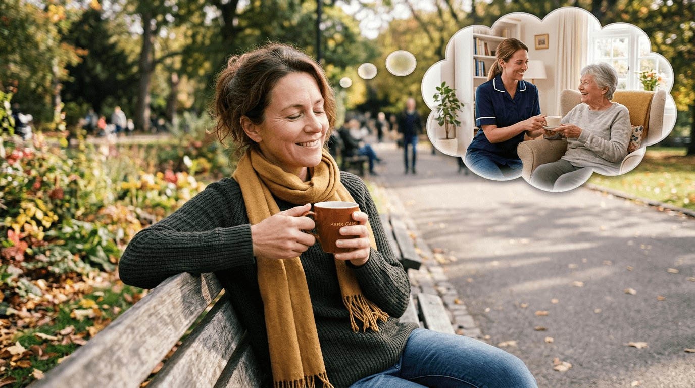 Family caregiver relaxing outdoors while a professional cares for their loved one at home