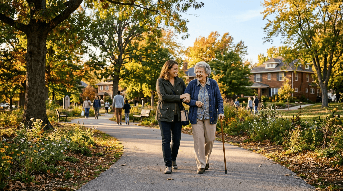 Caregiver walking arm-in-arm with an elderly person through a sunlit Omaha park