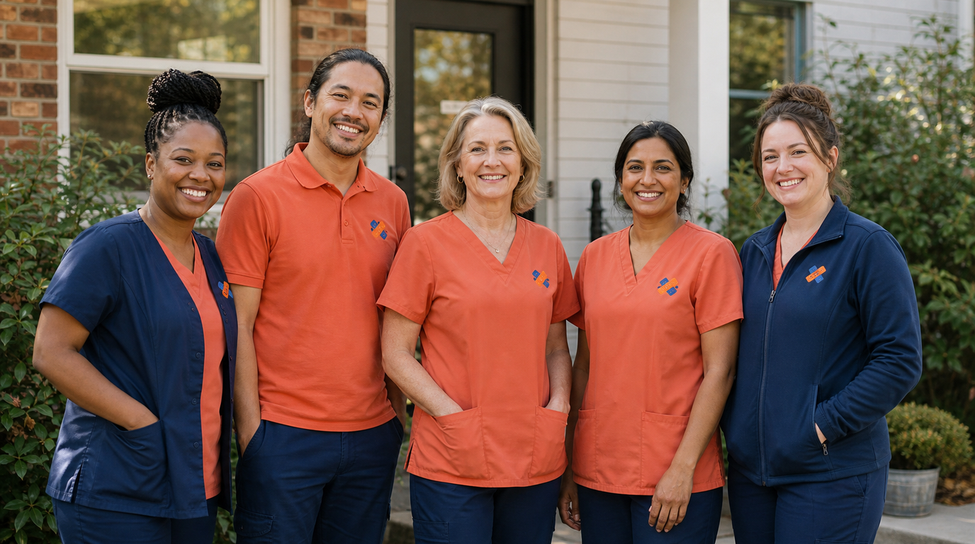 Diverse team of Golden Years Health caregivers smiling together