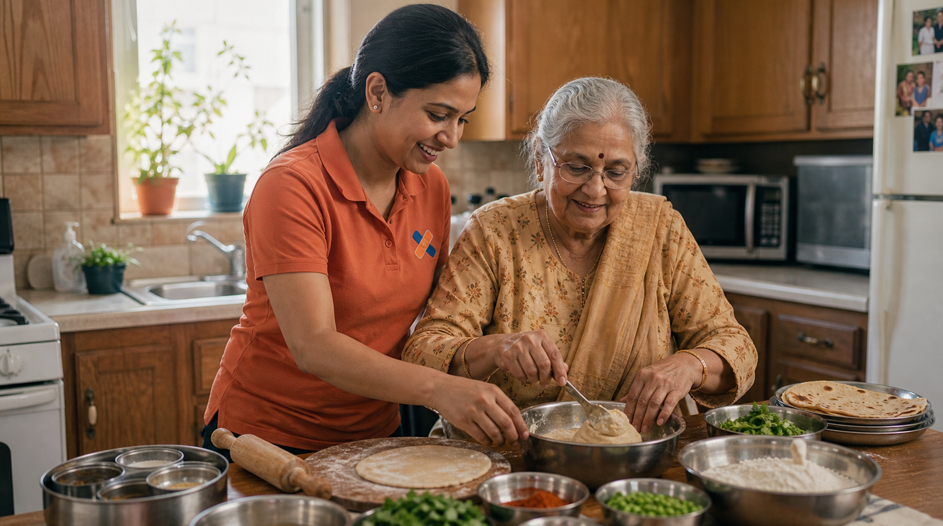 Caregiver and older adult preparing food together at home