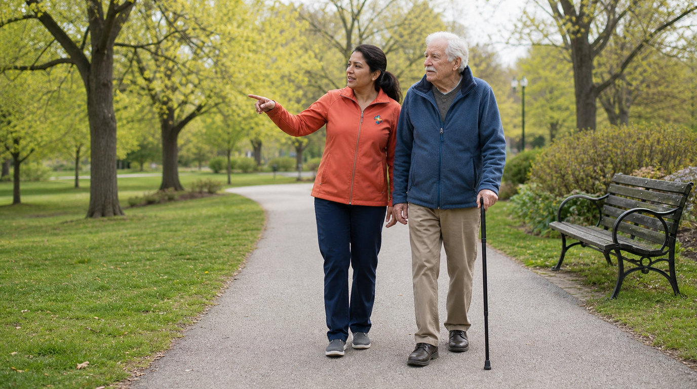Caregiver and elderly client walking together through a park