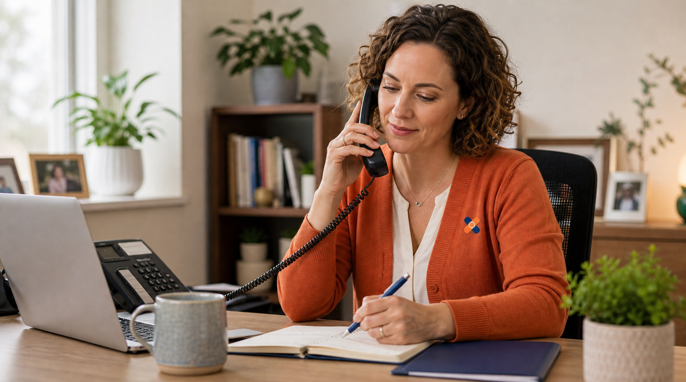 Friendly care coordinator on the phone at a welcoming office desk