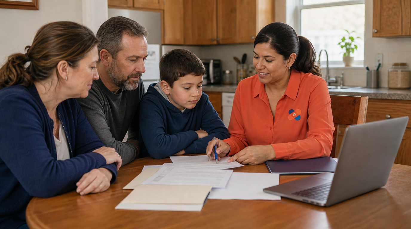Family at a kitchen table reviewing paperwork with a professional care coordinator