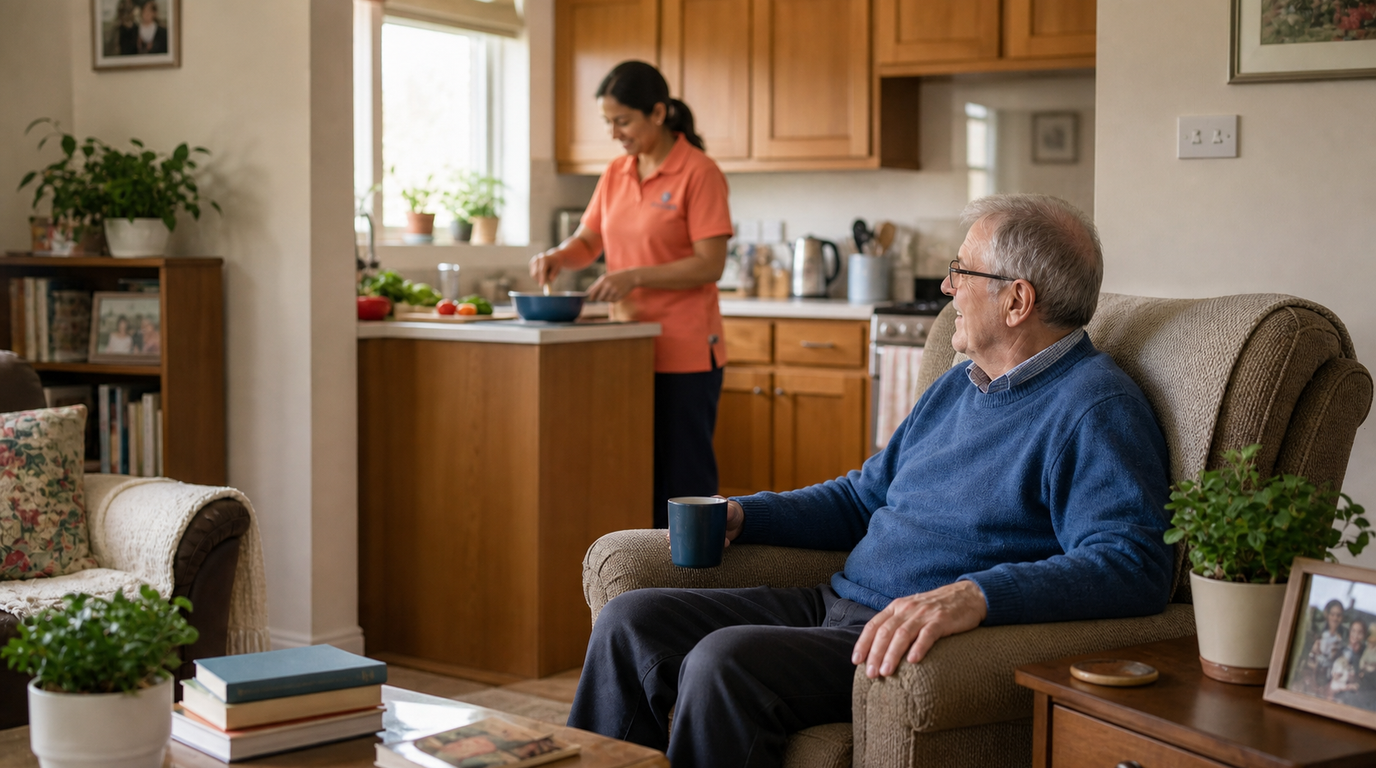 Senior relaxing in the living room while a caregiver prepares a meal in the kitchen