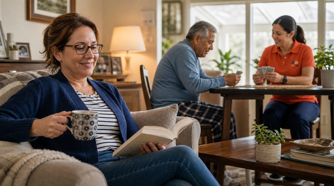 Family caregiver resting while a professional caregiver engages with a senior at home