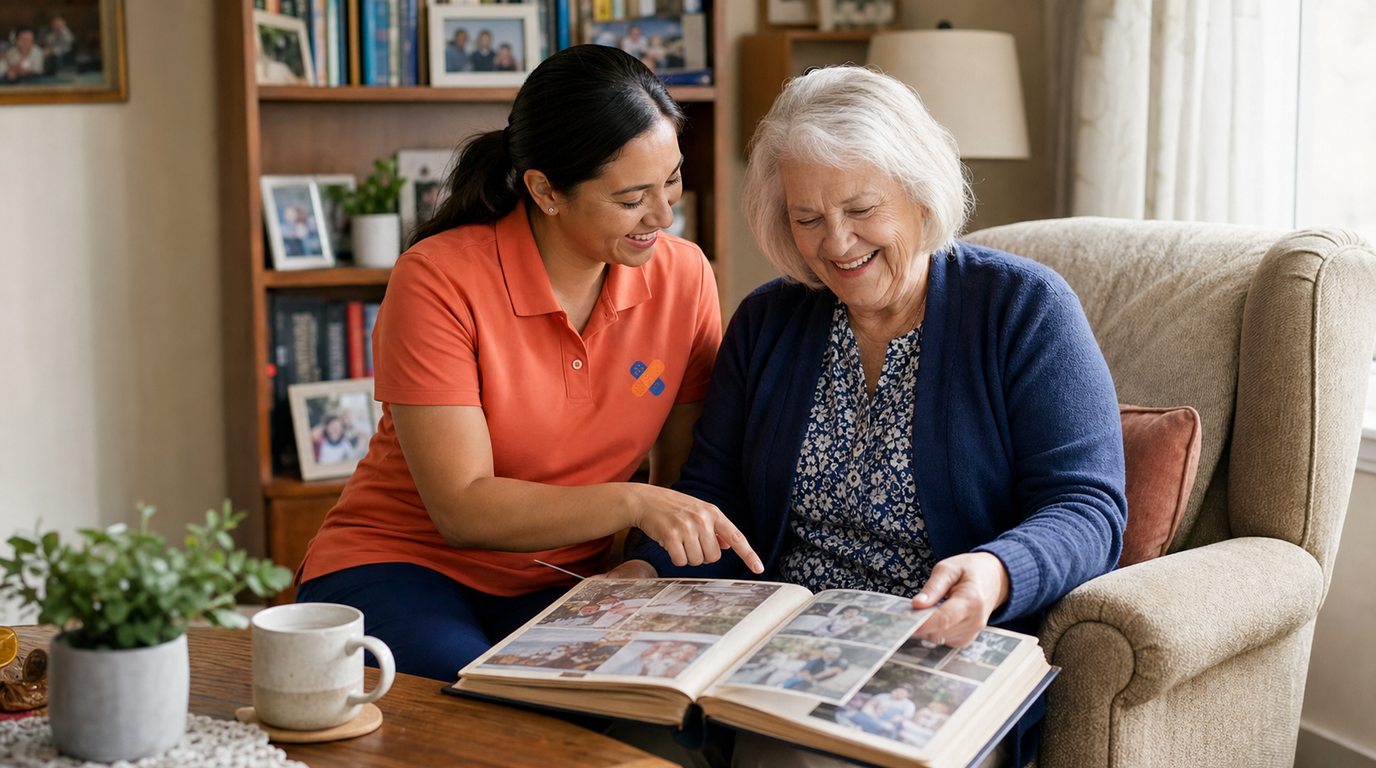 Professional caregiver and senior enjoying a photo album together at home