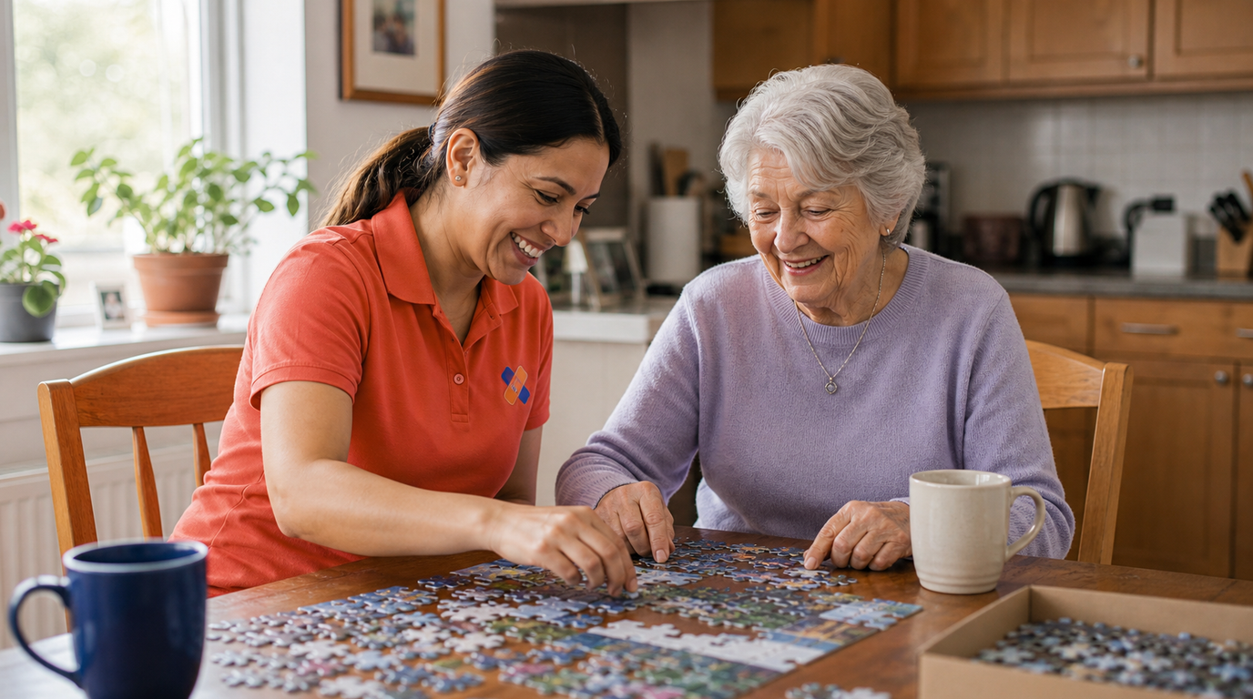 Caregiver and older adult enjoying a puzzle together