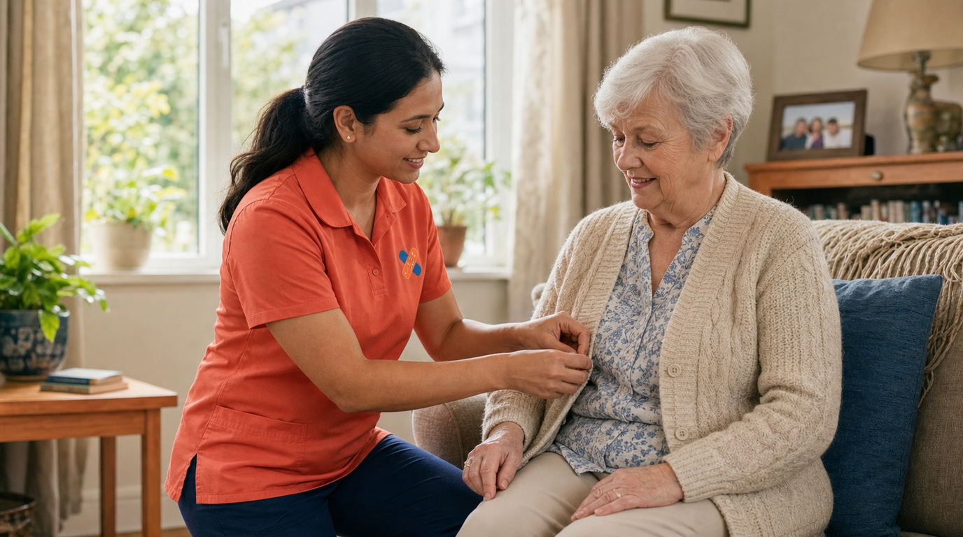 Caregiver helping an older adult get dressed at home