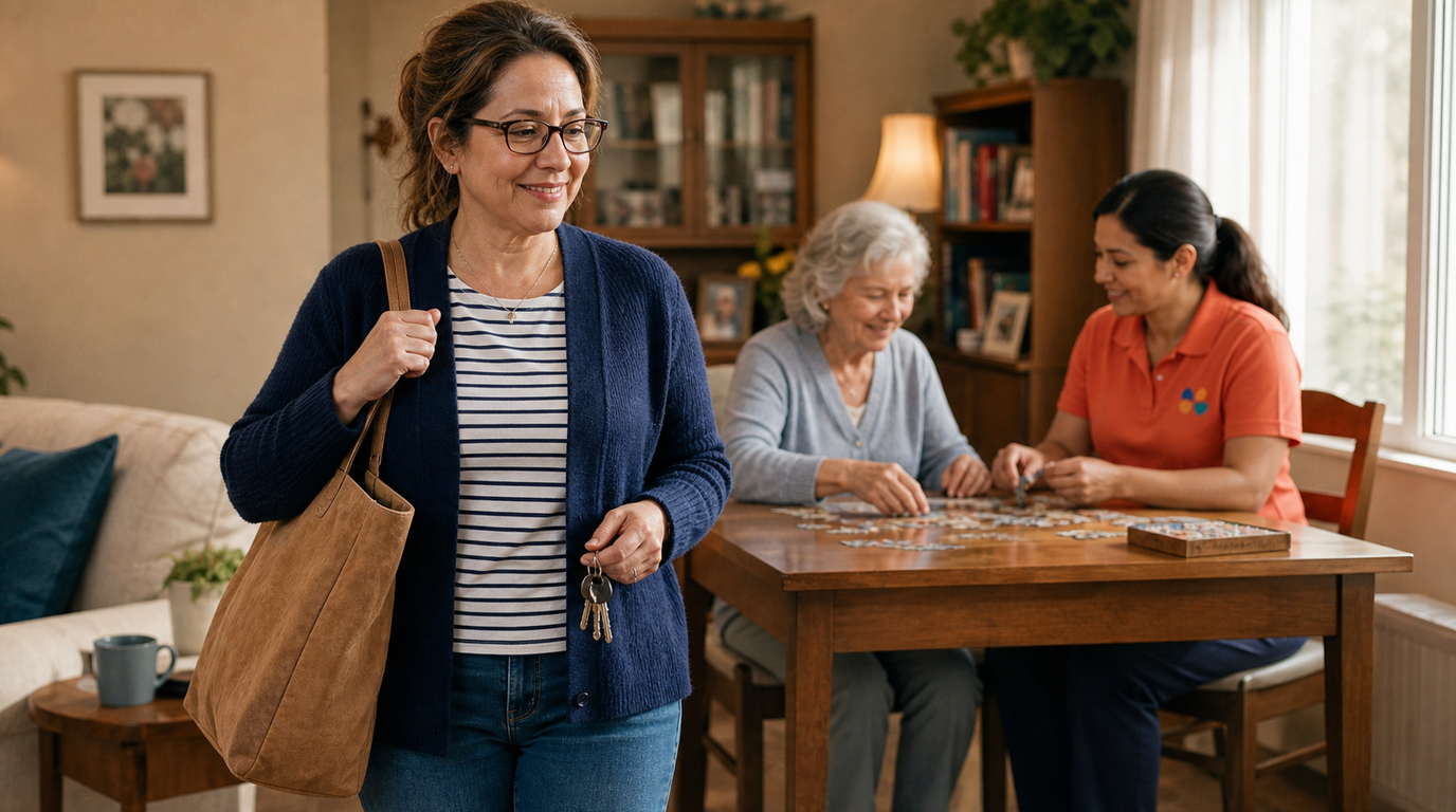 Caregiver staying with an older adult while a family member leaves home